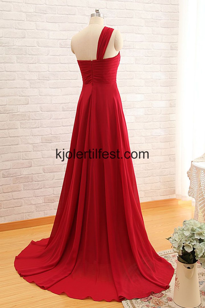 Lange En-Skulder Rd Chiffon Ballkjoler