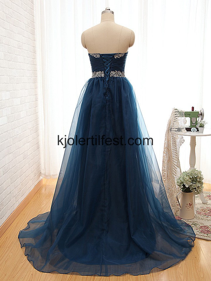 Lange Marinebl Organza Ballkjoler