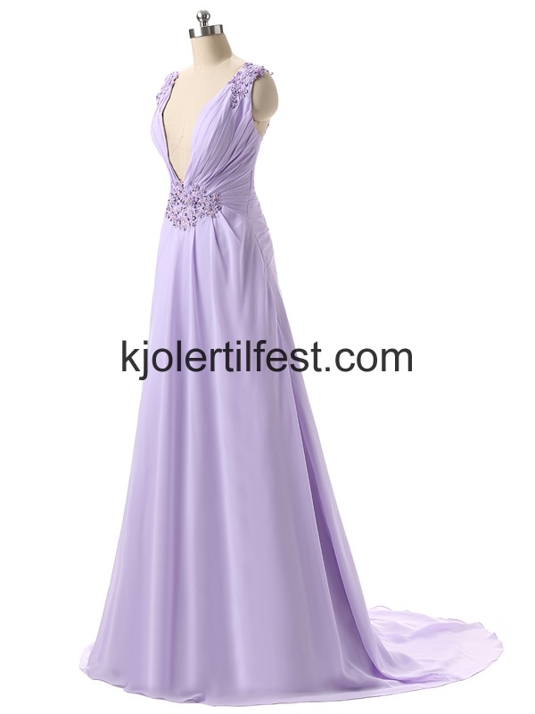 Lavendel Lange V-hals Chiffon Ballkjoler