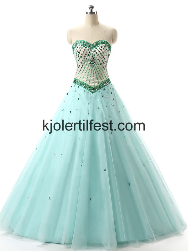 Mint Grnn Kjreste A-Linje Perler Tyll Quinceanera Kjoler