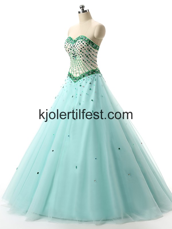 Mint Grnn Kjreste A-Linje Perler Tyll Quinceanera Kjoler