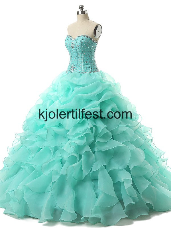 Mint Grnn Perler Gulvlengde Blonder Quinceanera Kjoler