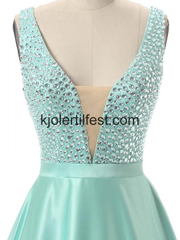 Mint Rhinestones V-hals Sateng Ballkjoler