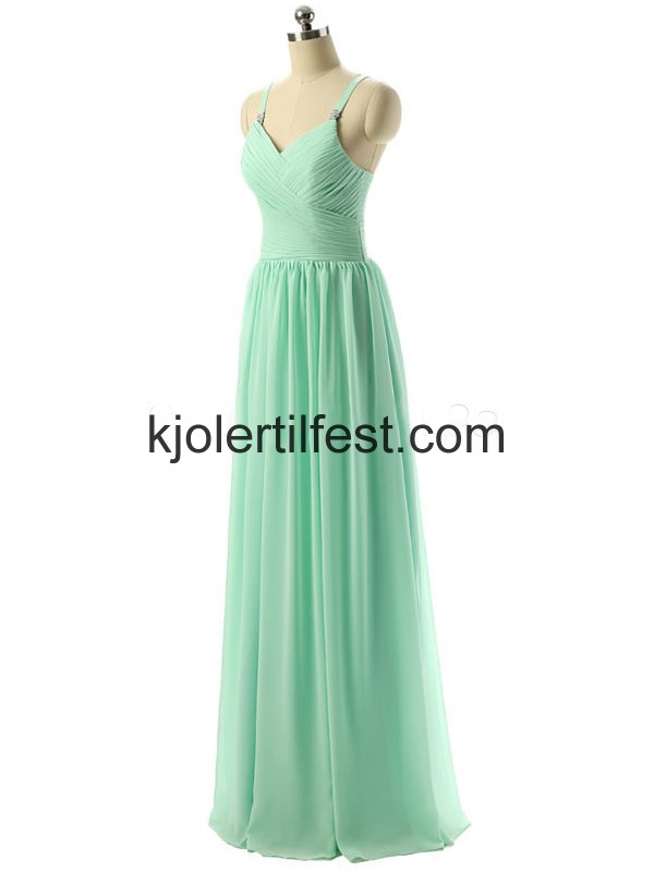 Mint V-hals Chiffon A-Linje Stropper Lange Ballkjoler