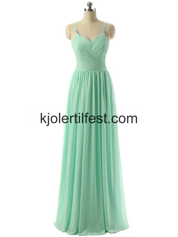 Mint V-hals Chiffon A-Linje Stropper Lange Selskapskjoler