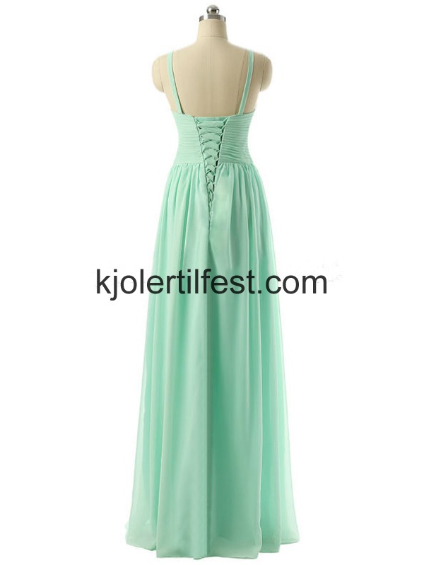 Mint V-hals Chiffon A-Linje Stropper Lange Selskapskjoler