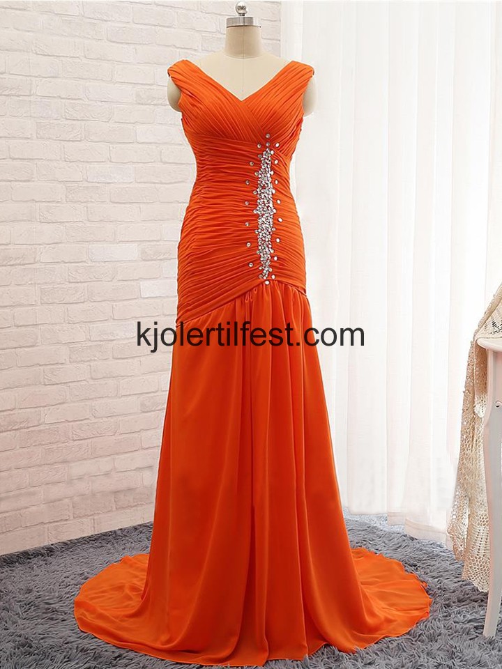 Oransje Rd V-hals Gulvlengde Chiffon Ballkjoler