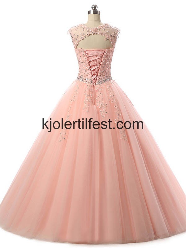 Rosa Perler Lange Tyll Quinceanera Kjoler