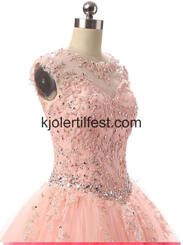 Rosa Perler Lange Tyll Quinceanera Kjoler