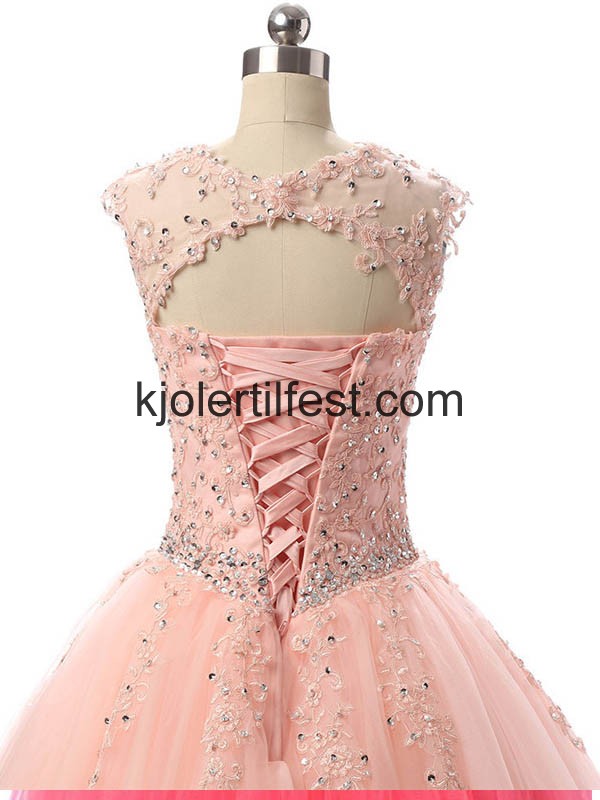 Rosa Perler Lange Tyll Quinceanera Kjoler