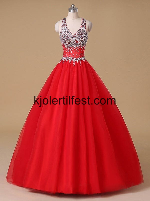 Rd Stoppet V-hals Lange Tyll Quinceanera Kjoler