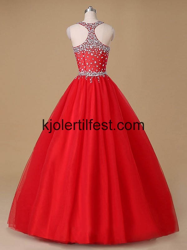 Rd Stoppet V-hals Lange Tyll Quinceanera Kjoler