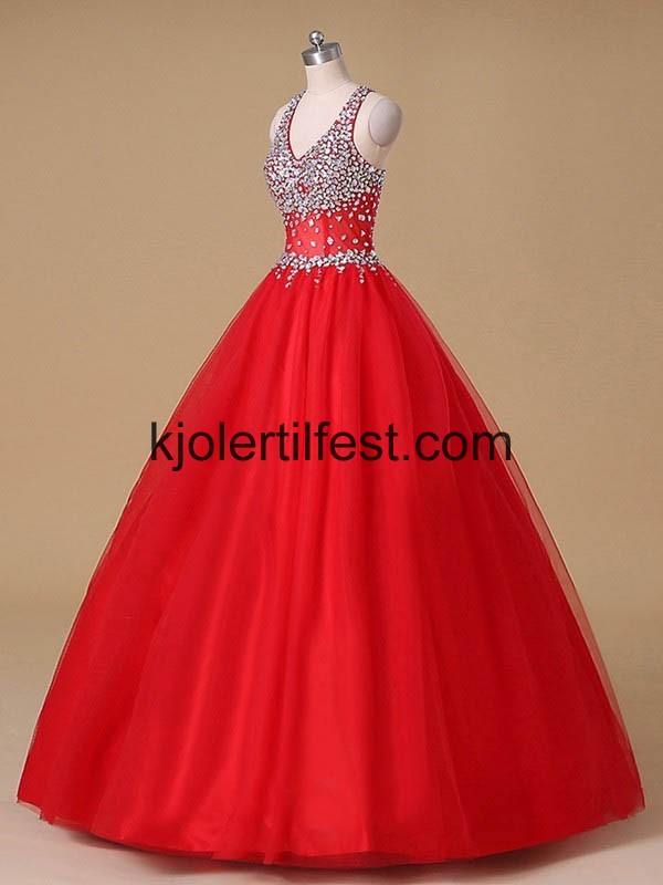 Rd Stoppet V-hals Lange Tyll Quinceanera Kjoler