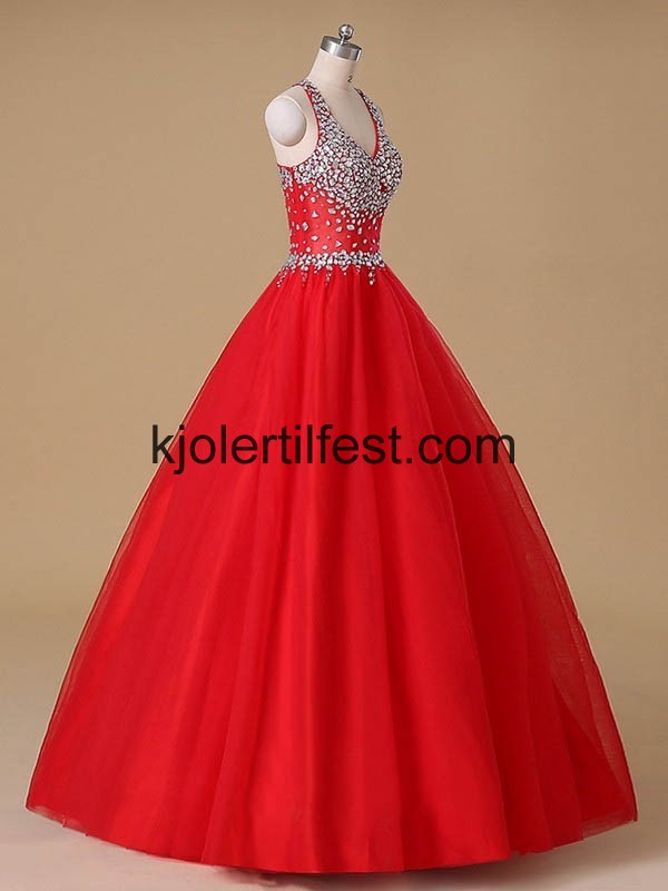 Rd Stoppet V-hals Lange Tyll Quinceanera Kjoler