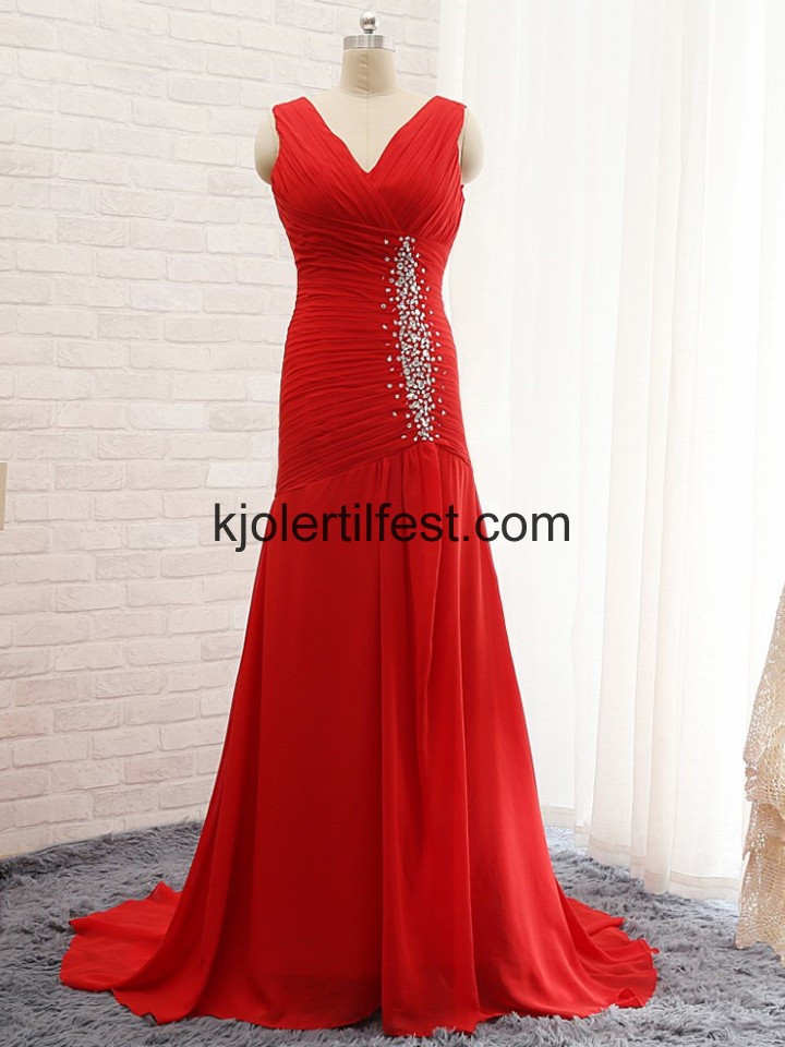 Rd V-hals Gulvlengde Chiffon Selskapskjoler