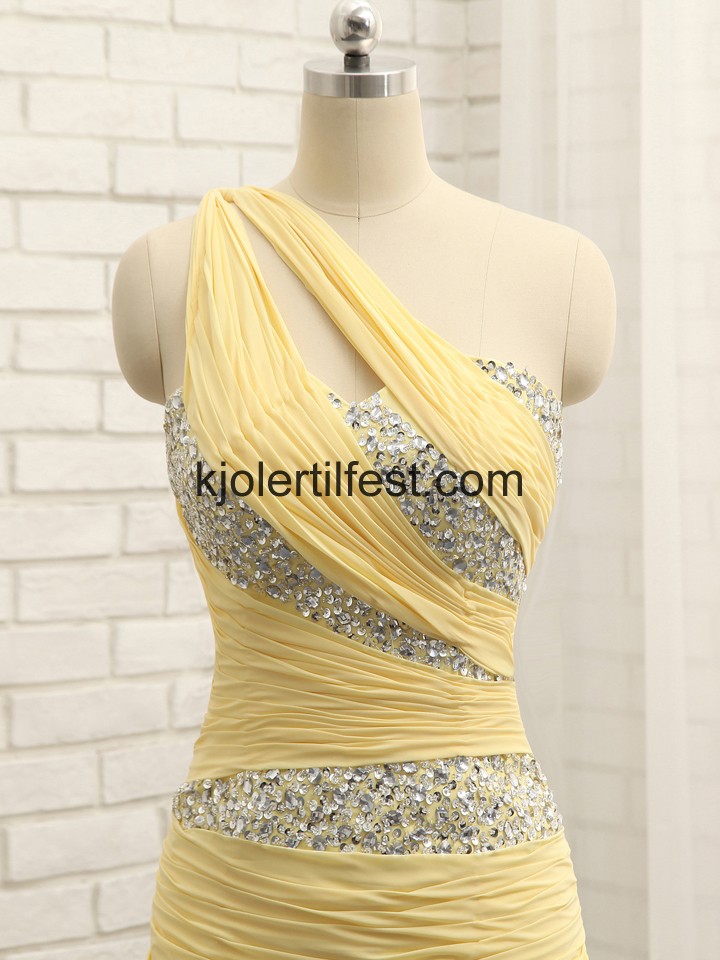 Gul En-Skulder Perler Lange Chiffon Ballkjoler