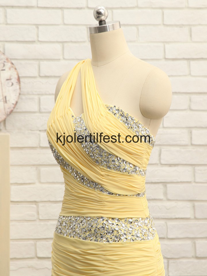 Gul En-Skulder Perler Lange Chiffon Ballkjoler