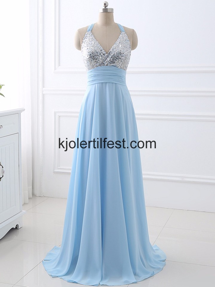 Bl V-hals Lange Perler Chiffon Selskapskjoler