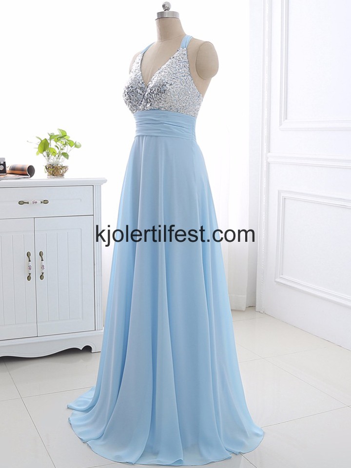 Bl V-hals Lange Perler Chiffon Selskapskjoler
