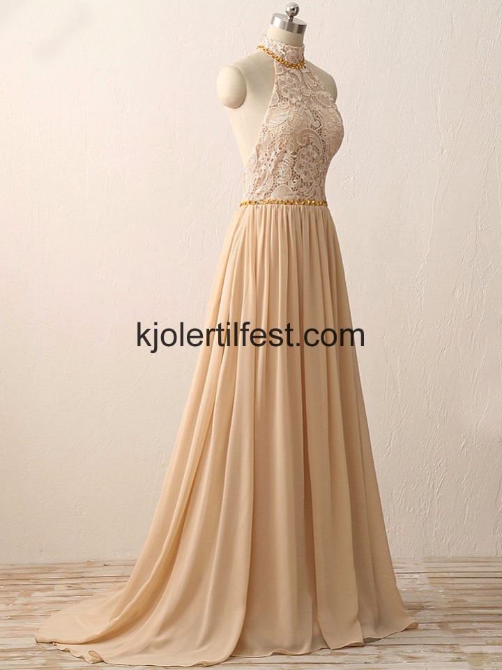 Champagne A-Linje Perler Chiffon Selskapskjoler