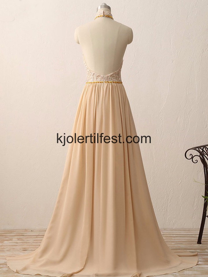 Champagne A-Linje Perler Chiffon Selskapskjoler