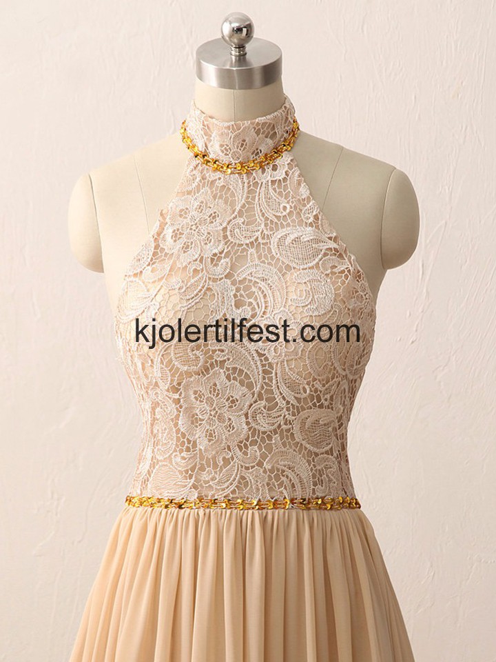 Champagne A-Linje Perler Chiffon Selskapskjoler