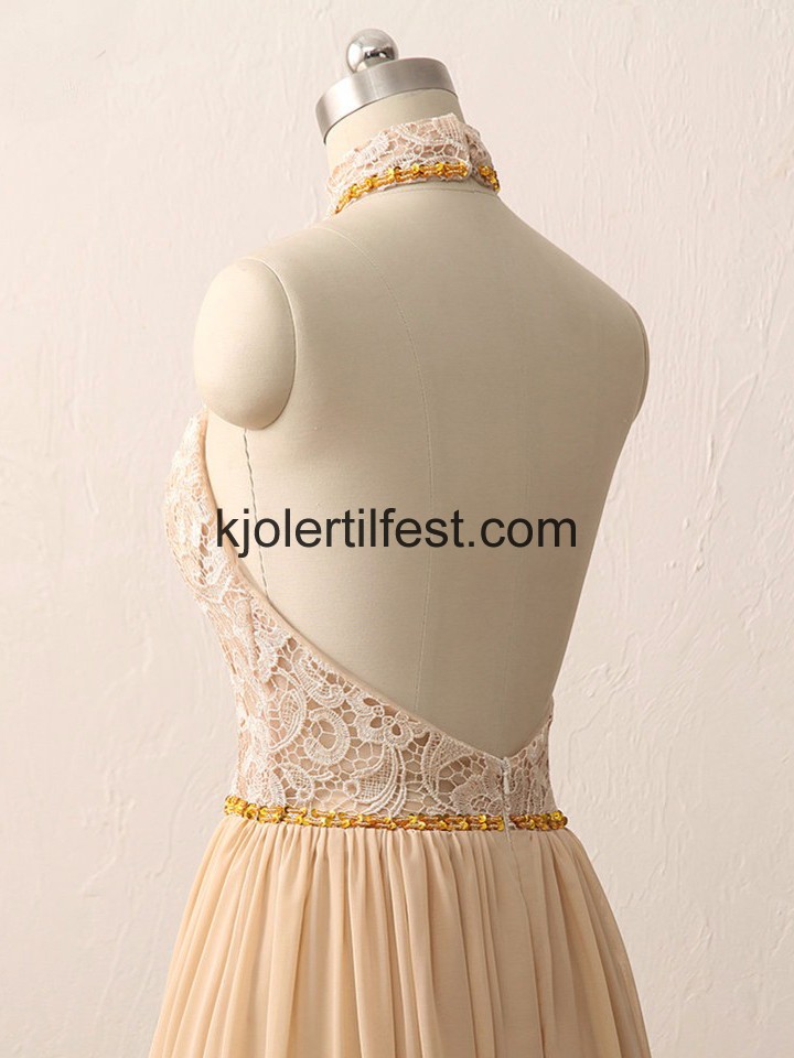 Champagne A-Linje Perler Chiffon Selskapskjoler