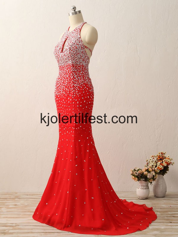 Havfrue Stoppet Gulvlengde Rd Chiffon Ballkjoler