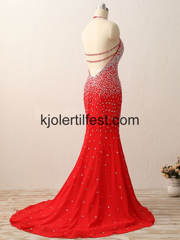 Havfrue Stoppet Gulvlengde Rd Chiffon Ballkjoler