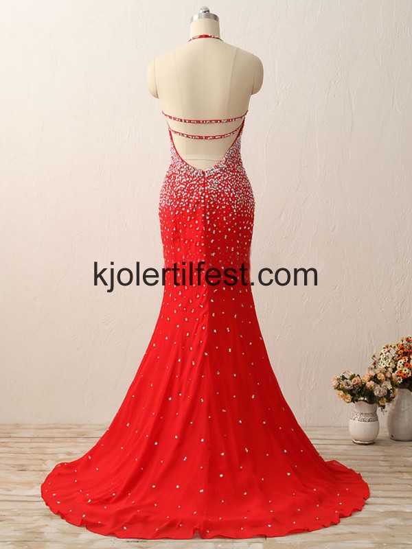 Havfrue Stoppet Gulvlengde Rd Chiffon Ballkjoler