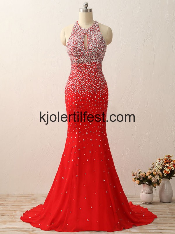 Havfrue Stoppet Gulvlengde Rd Chiffon Selskapskjoler