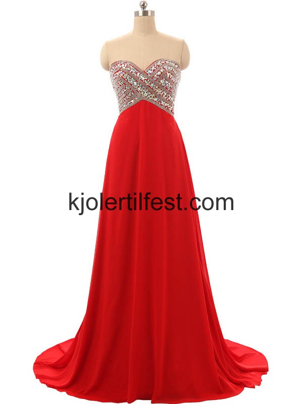 Rd V-hals Lange Perler Chiffon Selskapskjoler