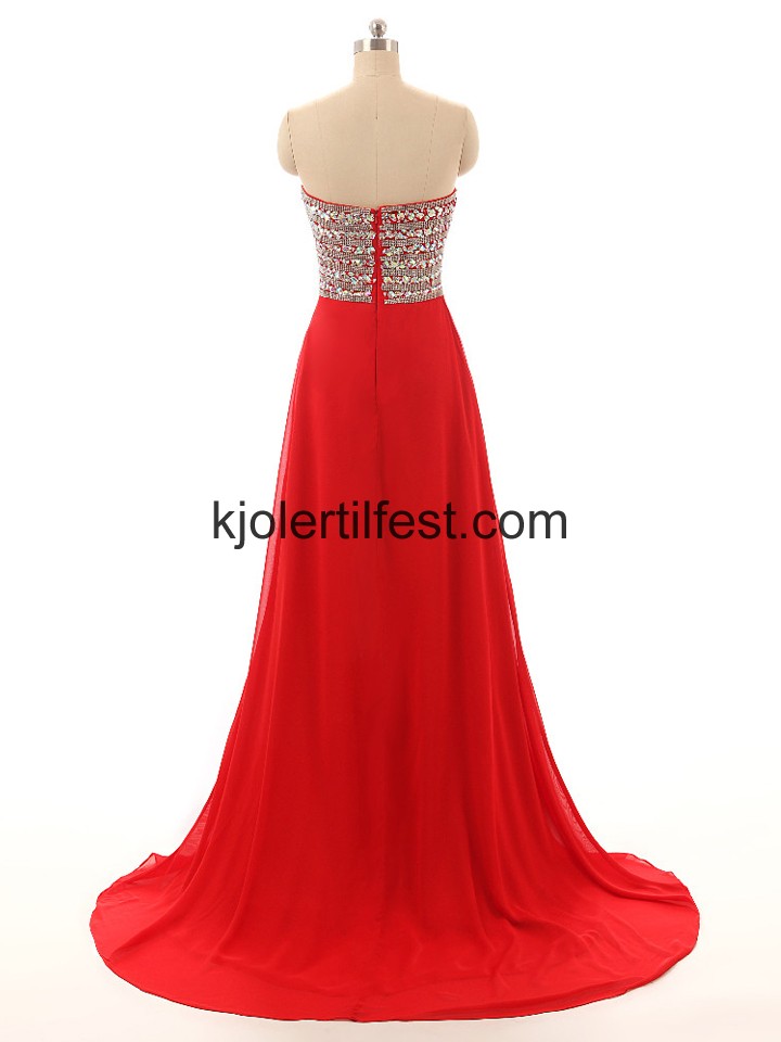 Rd V-hals Lange Perler Chiffon Selskapskjoler