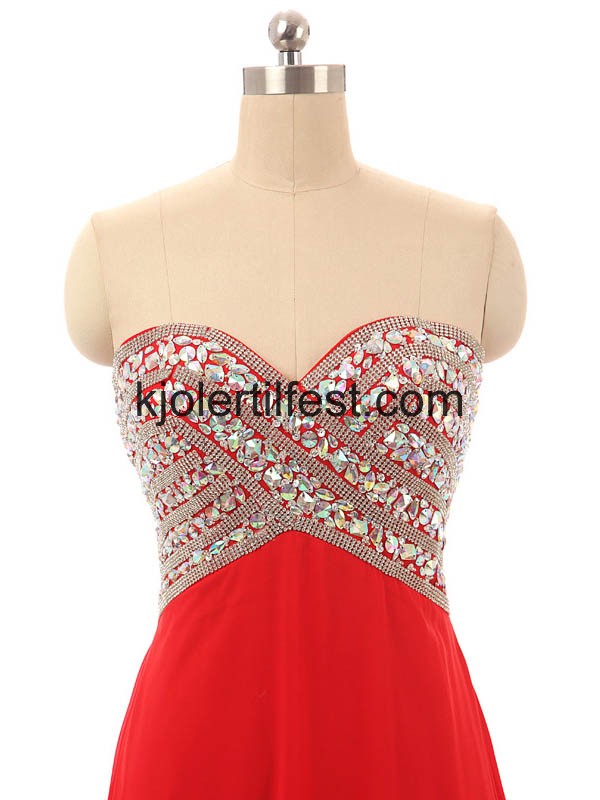 Rd V-hals Lange Perler Chiffon Selskapskjoler