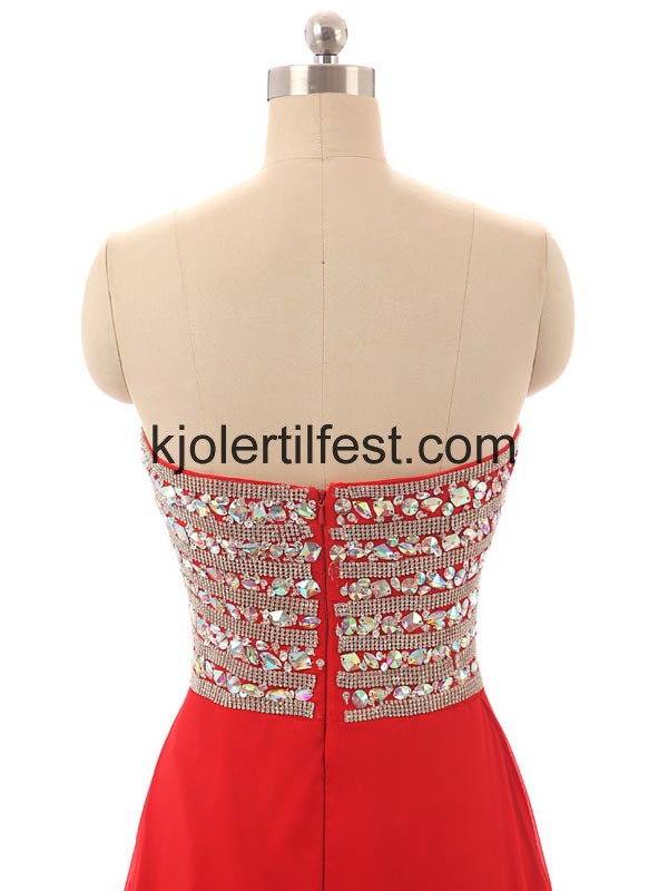 Rd V-hals Lange Perler Chiffon Selskapskjoler