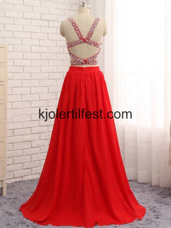 Rd V-hals Perler Lange Chiffon Selskapskjoler
