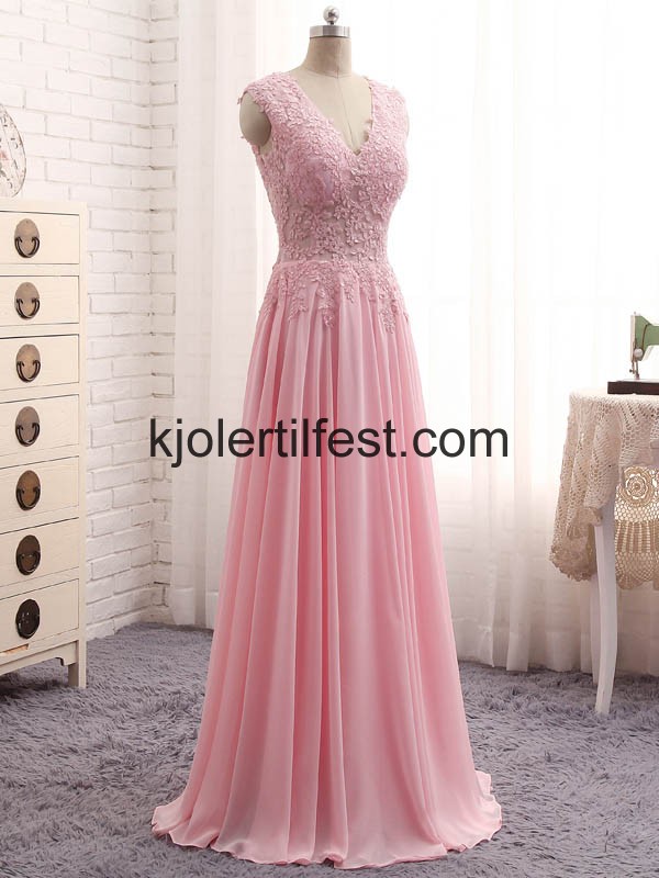 Rosa V-hals Perler Lange Chiffon Ballkjoler