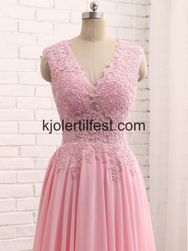 Rosa V-hals Perler Lange Chiffon Ballkjoler