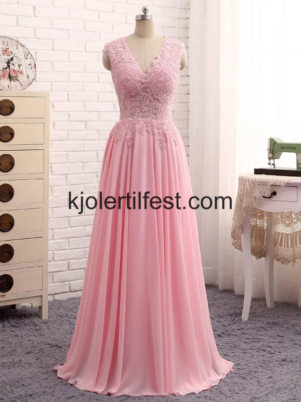Rosa V-hals Perler Lange Chiffon Selskapskjoler