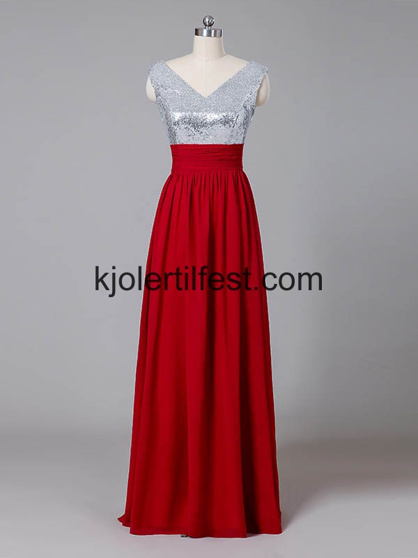 Rd V-hals Lange Chiffon Selskapskjoler