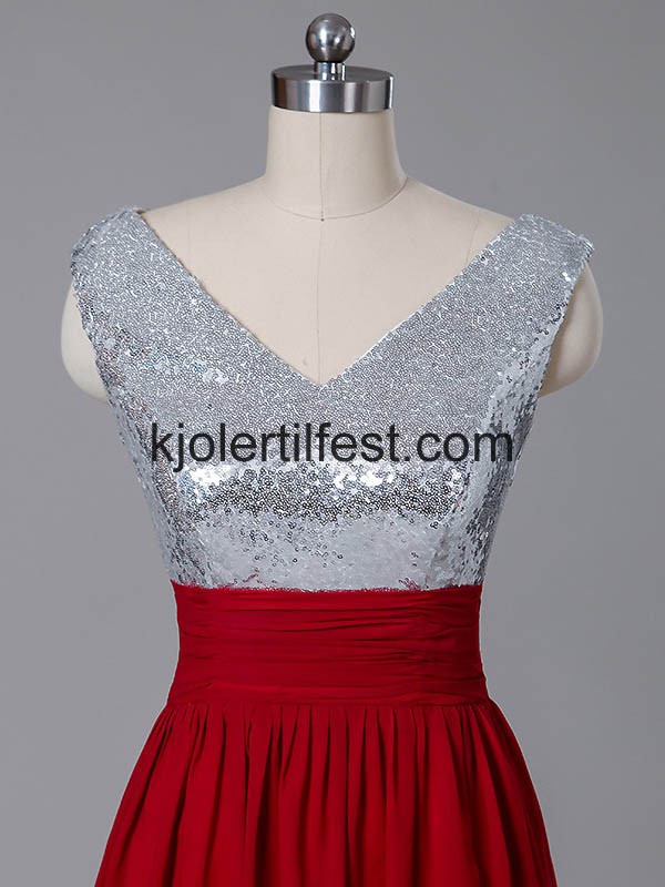 Rd V-hals Lange Chiffon Selskapskjoler