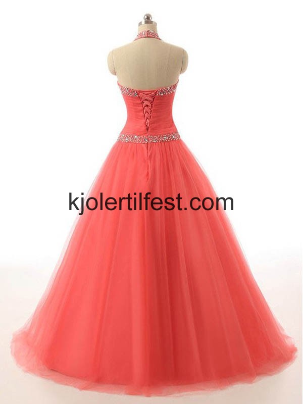 Stoppet A-Linje Lange Vannmelon Chiffon Ballkjoler