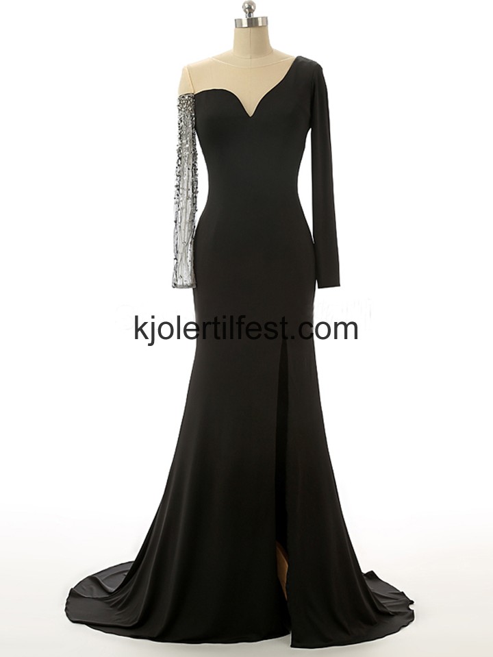 Svart Havfrue Scoop Lange-Ermer Chiffon Ballkjoler