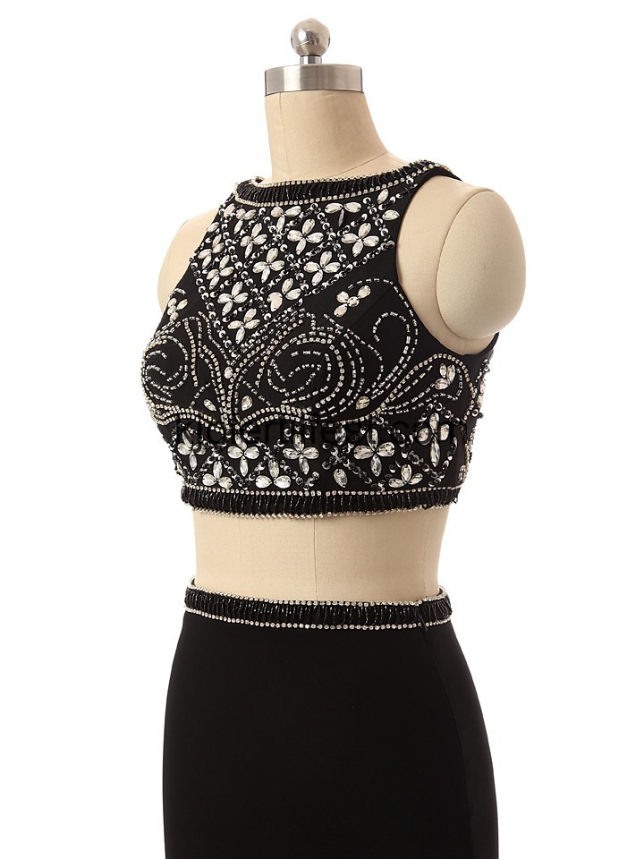 Svart Perler Scoop Lange Chiffon Ballkjoler