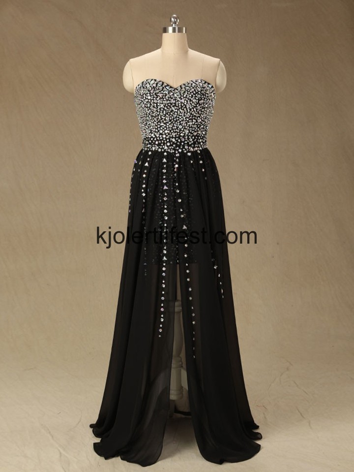 Svart Rhinestones Kjreste Lange Chiffon Ballkjoler