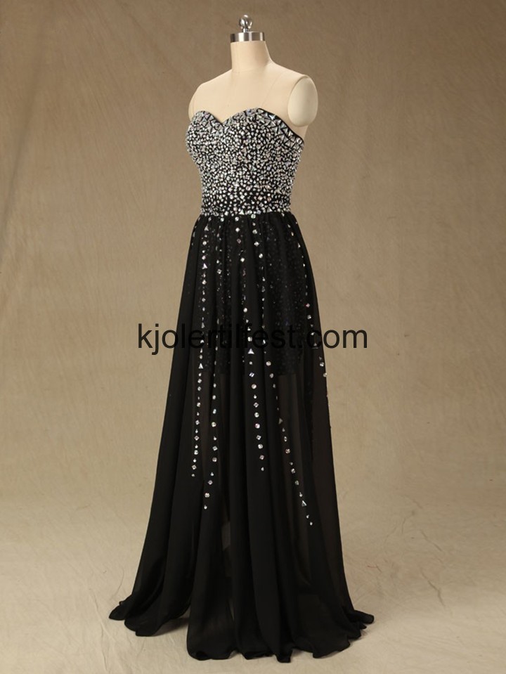 Svart Rhinestones Kjreste Lange Chiffon Selskapskjoler