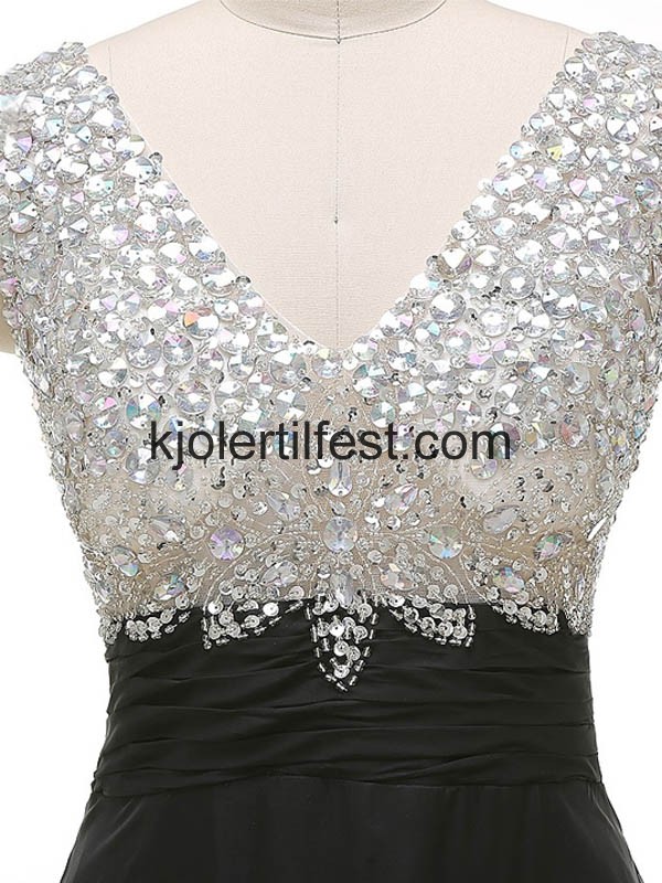 Svart V-hals A-Linje Perler Chiffon Selskapskjoler