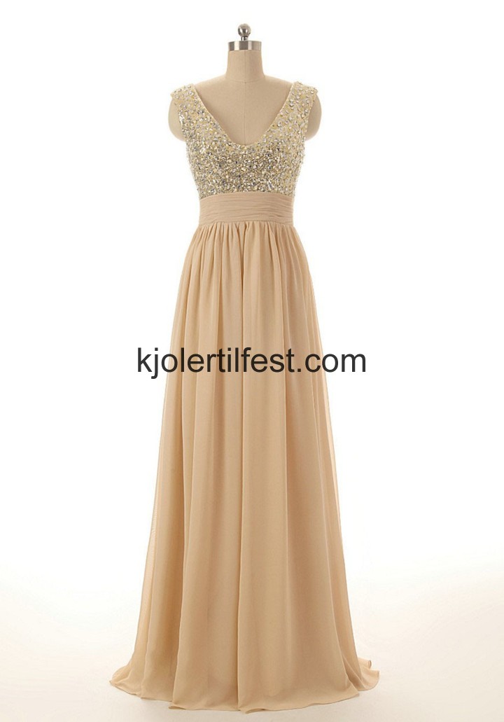 V-hals A-Linje Gulvlengde Champagne Chiffon Ballkjoler