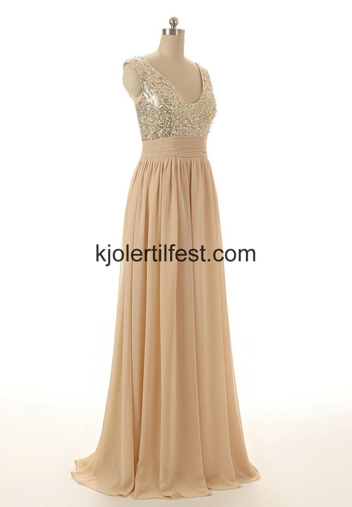 V-hals A-Linje Gulvlengde Champagne Chiffon Selskapskjoler
