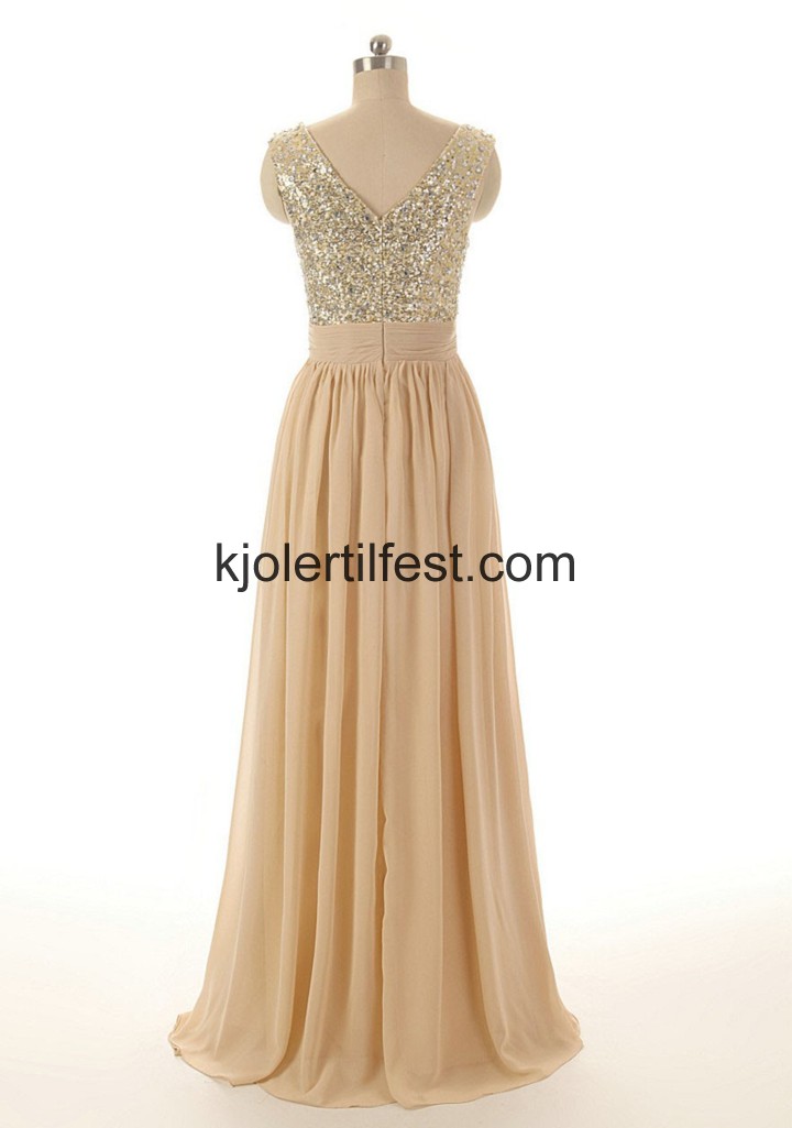V-hals A-Linje Gulvlengde Champagne Chiffon Selskapskjoler